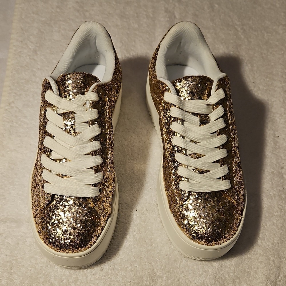 J.Adams‎ Hero Fine Gold Glitter Lace Up Women's Sneakers Athletic Low Top
